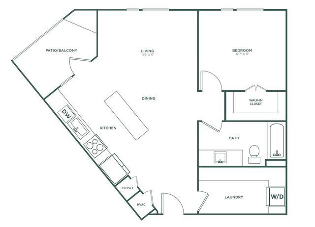Contemporary floor plan highlighting a spacious layout with a bedroom, open living and dining area, modern kitchen, and private patio/balcony.