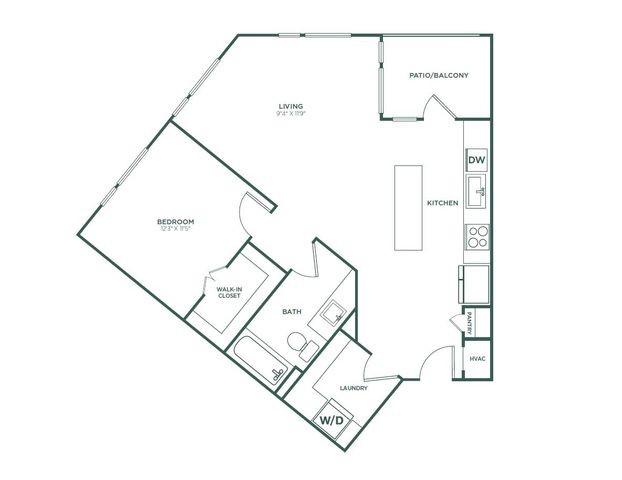 Modern floor plan showcasing a spacious bedroom with walk-in closet, open kitchen with island, inviting living area, and patio access.