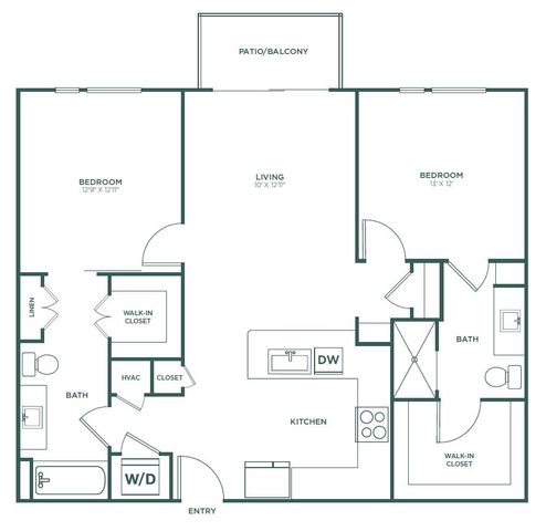 Modern 2-bedroom floor plan featuring spacious living area, stylish kitchen, dual walk-in closets, and private patio/balcony.