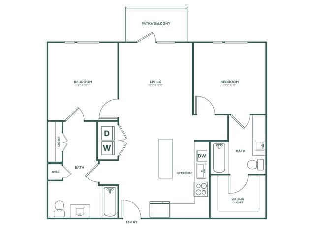 Modern floor plan showcasing 2 bedrooms, spacious living area, and a stylish kitchen with island, featuring dual balconies.