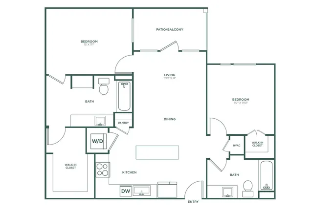 Modern floor plan showcasing 2 spacious bedrooms, open living and dining area, and a stylish kitchen with pantry and laundry space, complemented by a patio for outdoor enjoyment.