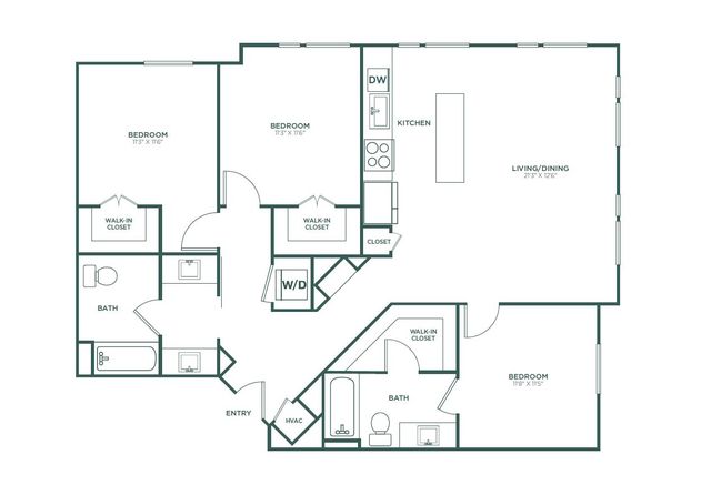 Elegant 2D floor plan showcasing 3 spacious bedrooms, open living/dining area, and modern kitchen, complete with walk-in closets and two full bathrooms.