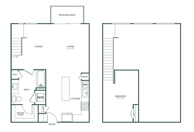 Chic two-level floor plan with an elegant kitchen, spacious living and dining area, private balcony, and cozy bedroom with ample closet space.