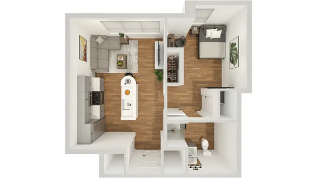 Modern apartment floor plan showcasing one bedroom, an open kitchen-living area, and a chic bathroom with wooden flooring.