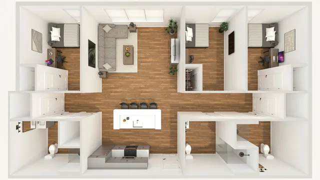 Modern 3-bedroom floor plan featuring an open living area, sleek kitchen with bar seating, and stylish wooden flooring.