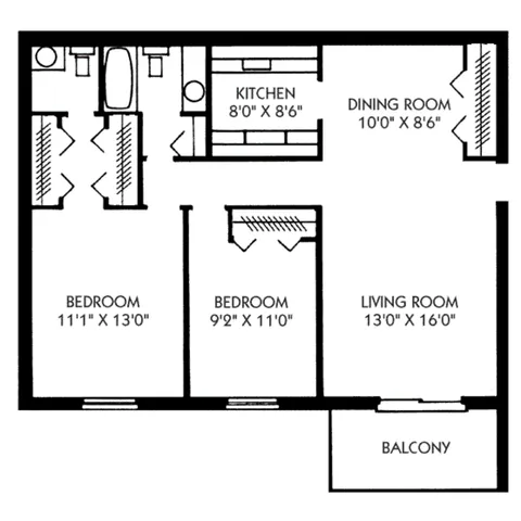 2 Bedroom, 1.5 Bath (884 sqft.)