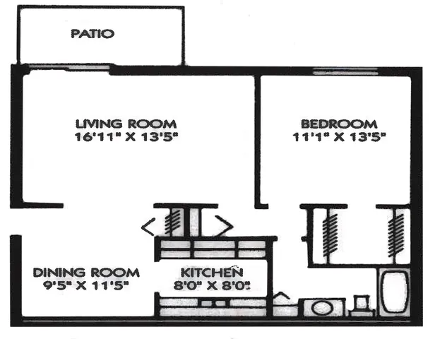 1 Bedroom, 1 Bath Ground Level w Patio (728 sqft.)