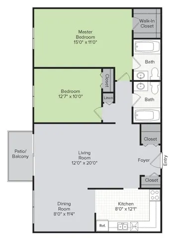 2 Bedroom, 2 Bath (1,100 sq ft)