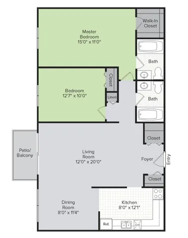 2 Bedroom, 2 Bath (1,100 sq ft) Reno