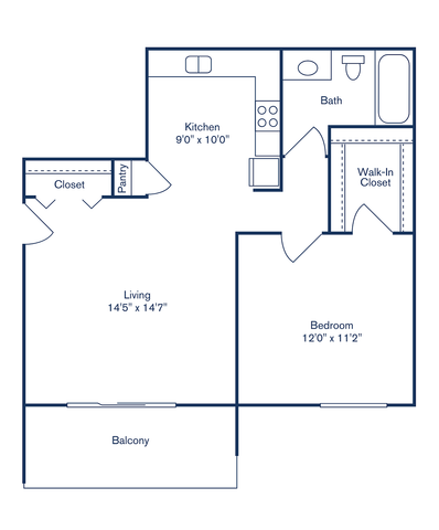 Modern floor plan with one bedroom, spacious living area, open kitchen, walk-in closet, and a balcony.