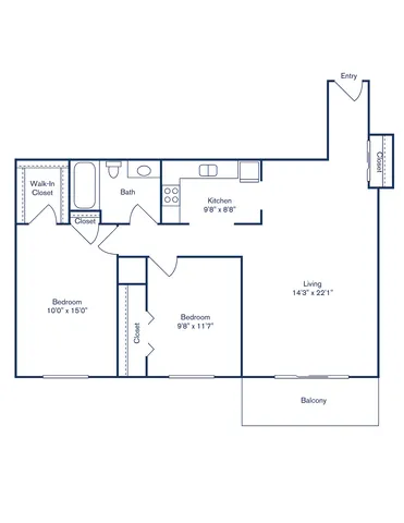 Elegant 2-bedroom floor plan featuring a spacious living area, kitchen, and inviting balcony, perfect for modern living.