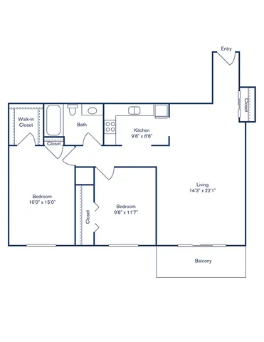 Elegant floor plan showcasing 2 bedrooms, spacious living area, modern kitchen, and a charming balcony.