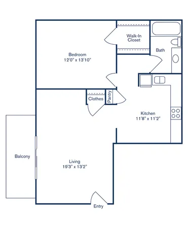 Elegant floor plan showcasing a spacious 1-bedroom layout with walk-in closet, open living area, modern kitchen, and private balcony.