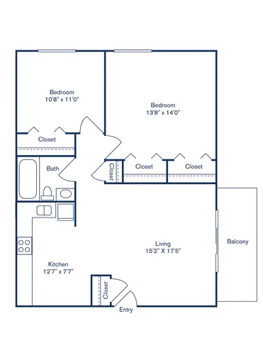 Contemporary 2D floor plan with 2 spacious bedrooms, large living area, modern kitchen, and inviting balcony.