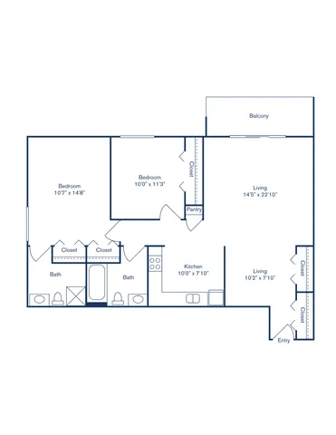 Modern floor plan showcasing 2 spacious bedrooms, dual living areas, a sleek kitchen, and a balcony for perfect outdoor relaxation.