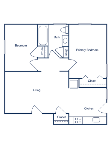Inviting floor plan featuring a spacious living area, 2 bedrooms including a primary suite, modern kitchen, and ample storage with multiple closets.