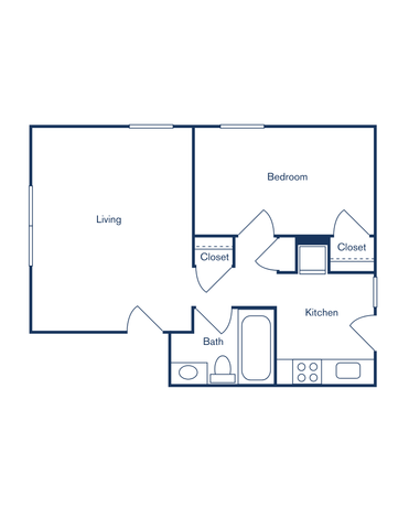 Chic floor plan showcasing one-bedroom apartment with spacious living area, modern kitchen, and full bath.