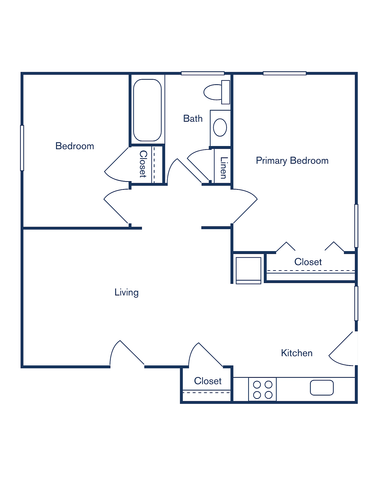 Inviting floor plan with 2 bedrooms, spacious living area, functional kitchen, and modern bath featuring ample storage.