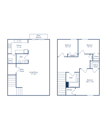 Charming two-story floor plan featuring three bedrooms, spacious living and dining area, modern kitchen, and private patio.