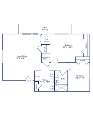 Modern 2-bedroom floor plan featuring a spacious living/dining area, cozy kitchen, ample closets, and a patio/balcony access.