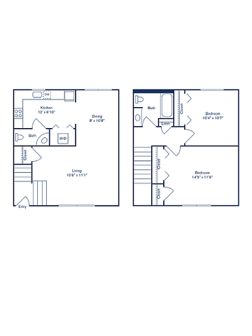 Charming two-story floor plan featuring spacious living room, modern kitchen with dining area, two comfortable bedrooms, and ample closets.