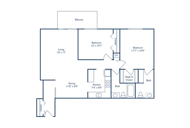 Open floor plan featuring two spacious bedrooms, a cozy living room opening to a balcony, and a modern kitchen adjacent tdining area. Includes two bathrooms and a walk-in closet for added convenience.