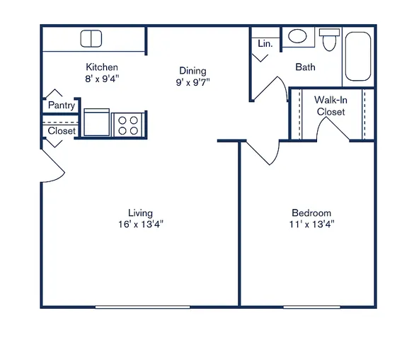 Modern floor plan of Park West Apartment featuring 1 bedroom, 1 bathroom, open living and dining area, spacious kitchen with pantry, and a walk-in closet, totaling 672 sq ft.