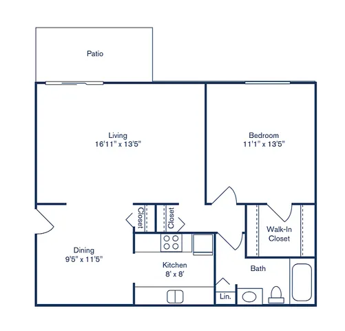 Plan 3 showcases a sleek 1-bedroom, 1-bathroom layout, spanning 754 sq ft with a spacious living area, modern kitchen, and inviting patio at Park West Apartment Homes.