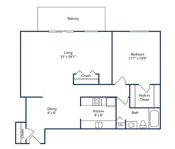 Modern 1-bedroom, 1-bath apartment floor plan 12B at Park West, featuring a spacious living area, cozy dining room, and private balcony, totaling 901 sq ft.