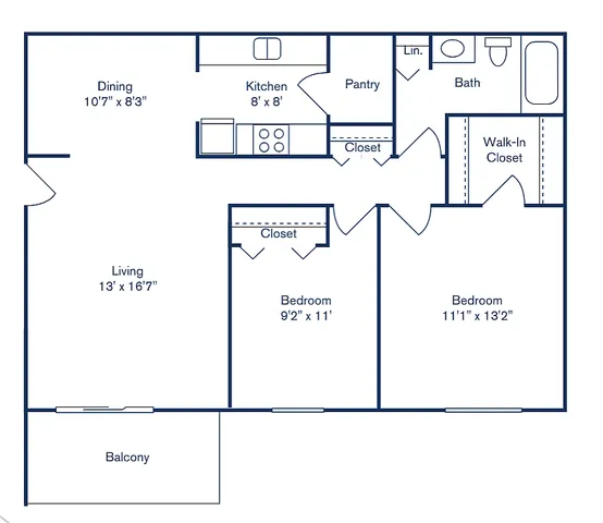 Elegant floor plan of a 2 bed, 1 bath apartment featuring an open living area with balcony, compact kitchen, dining space, pantry, and walk-in closet. 884 sq ft of comfortable living at Park West Apartment Homes.