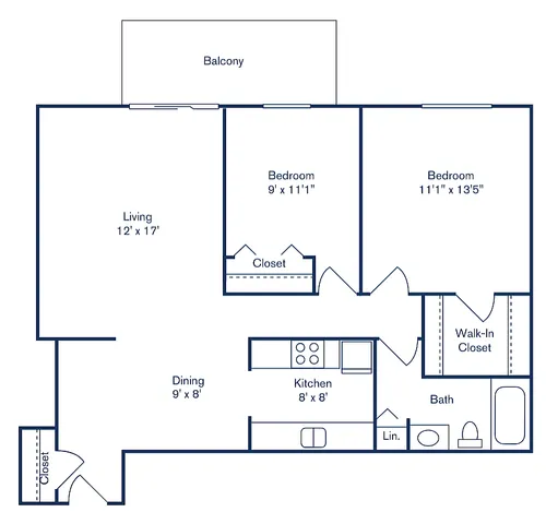 Elegant 2D floor plan displaying 2 bedrooms, 1 bath, a modern kitchen, and a spacious living area with balcony access, covering 901 sq ft.