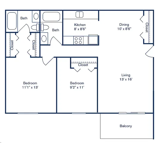 Elegant 2D floor plan of Park West apartment featuring 2 bedrooms, 2 bathrooms, an open kitchen, dining area, and a spacious living room with balcony, totaling 884 sq ft.