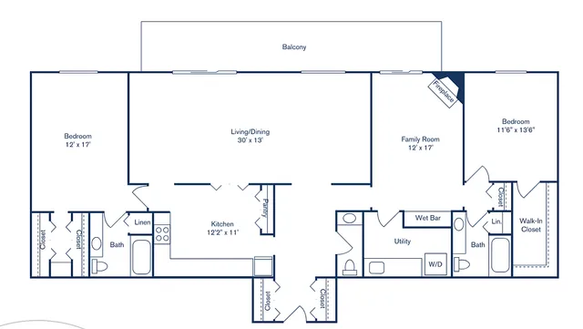 Park West Apartment Homes floor plan featuring 2 bedrooms, 2.5 baths, a spacious living/dining area, balcony, and well-equipped kitchen, totaling 1,788 sq ft.