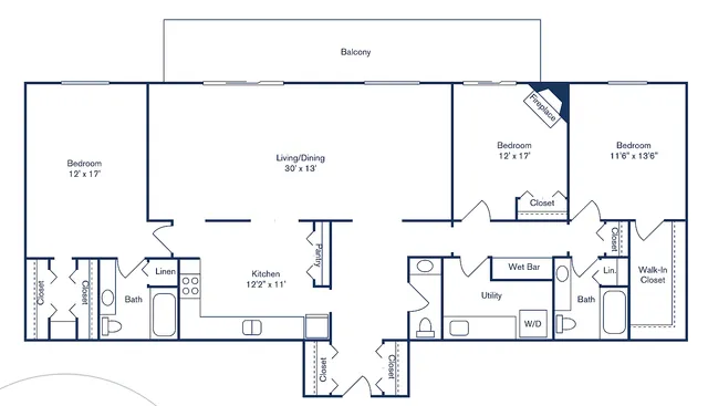 Sophisticated floor plan featuring 3 spacious bedrooms, 2.5 bathrooms, open living/dining area, and a modern kitchen with 1,788 sq ft at Park West.