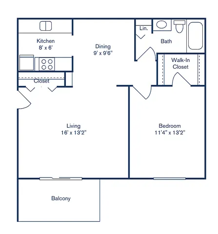 Contemporary floor plan offering 1 bedroom, 1 bath in 704 sq ft, featuring a spacious living area, cozy kitchen, and private balcony at Park West Apartment Homes.