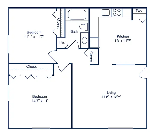 Contemporary floor plan for Park West Apartment Homes showcasing 2 bedrooms, 1 bath, a spacious living area, and modern kitchen in 806 sq ft.