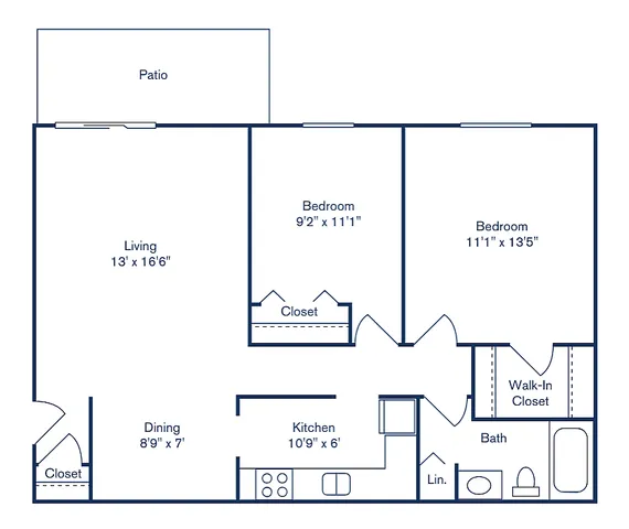 Plan 9 layout with 2 bedrooms and 1 bath, featuring a spacious living room, dining area, and kitchen. Includes a cozy patio and a convenient walk-in closet. Total area is 816 sq ft at Park West Apartment Homes.