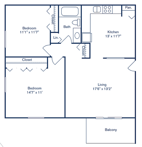 Charming floor plan showcasing a 2-bedroom, 1-bath apartment with a spacious living area, and a modern kitchen, totaling 858 sq ft. Includes a balcony for outdoor relaxation.