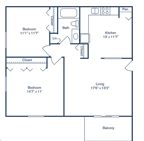 Plan 12a-south floor plan featuring 2 bedrooms, 1 bath, spacious living area, and kitchen, with a balcony, 858 sq ft.