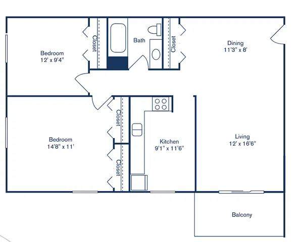 Modern floor plan of Park West apartment featuring 2 bedrooms, 1 bath, kitchen, dining area, and living room with balcony, measuring 887 sq ft.