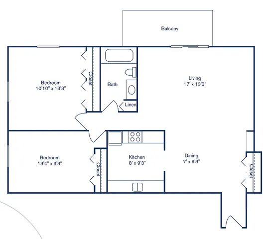 Modern floor plan showcasing 2 bedrooms, 1 bath, and an open living area with a balcony, spanning 888 sq ft.