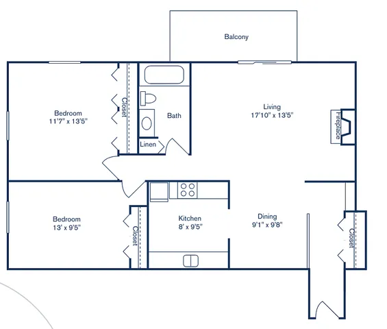 Inviting floor plan labeled \'Plan 13\' featuring 2 bedrooms, spacious living area, kitchen, and dining space, complemented by a balcony, within 920 sq ft at Park West Apartment Homes.