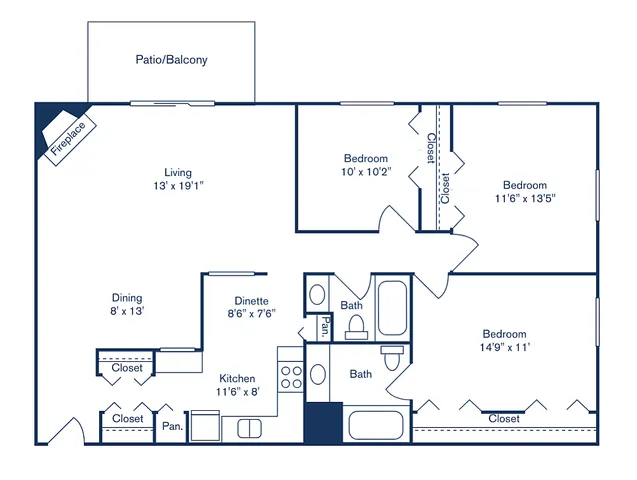 Plan 17 floor plan showcasing a spacious 3 bedroom, 2 bathroom apartment with 1,288 sq ft, featuring a cozy living room with a fireplace, a modern kitchen, and a private patio/balcony.