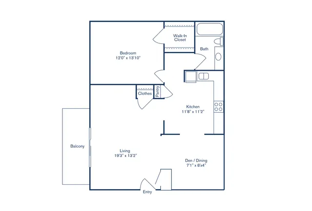 Modern floor plan showcasing a spacious one-bedroom apartment with a large living area, kitchen, walk-in closet, and private balcony.