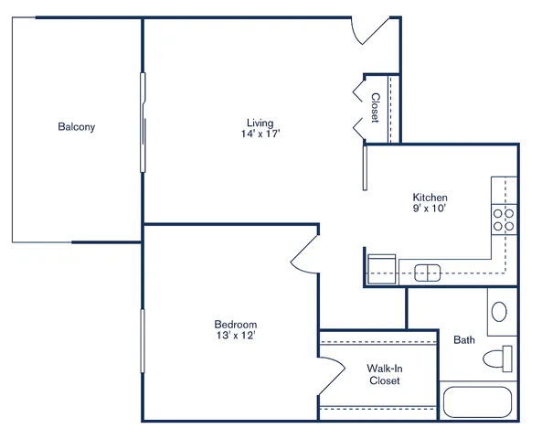 Elegant 750 sq ft floor plan featuring a spacious 1-bedroom layout with a cozy living room, modern kitchen, and private balcony, located at Cypress Pointe.