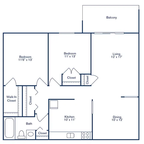Modern floor plan for Cypress Pointe, showcasing 2 spacious bedrooms, 1 bath, a large living area, kitchen, dining space, and a welcoming balcony in 950 sq ft.