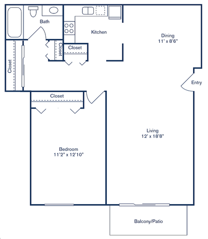 Plan B floor plan showcasing a 1 bedroom, 1 bath layout with a spacious living area, modern kitchen, and cozy dining space. Includes a balcony/patio, perfect for relaxation, spread across 650 sq ft.