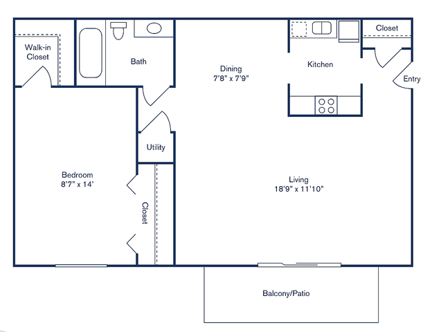 Andover Park floor plan C featuring 1 bedroom, 1 bath, and an open-concept living area with kitchen, dining space, and balcony, covering 650 sq ft.