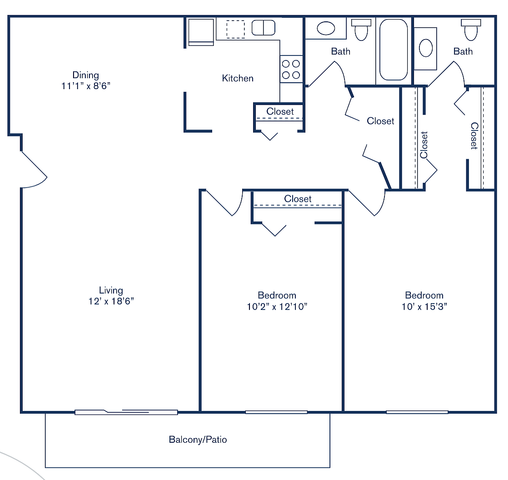 Modern floor plan of Andover Park apartment with 2 bedrooms, 1.5 baths, spacious living and dining areas, and a cozy balcony, totaling 920 sq ft.