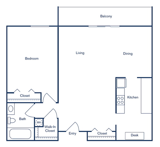 Modern floor plan of a 1 bed, 1 bath apartment at 760 sq ft, featuring a spacious living and dining area, walk-in closet, and balcony at 21 Kristin.
